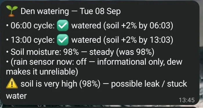 The original irrigation report confirming two watering cycles, then warning of a possible leak.