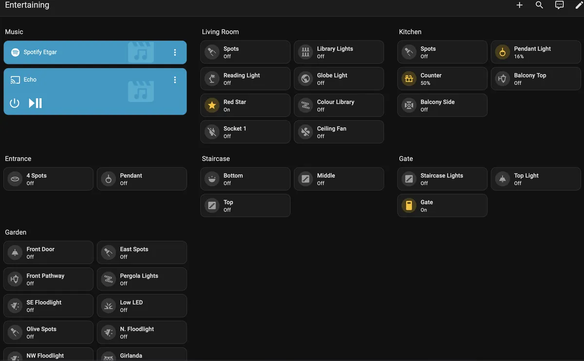 A home dashboard grouping shared-space controls for entertaining.