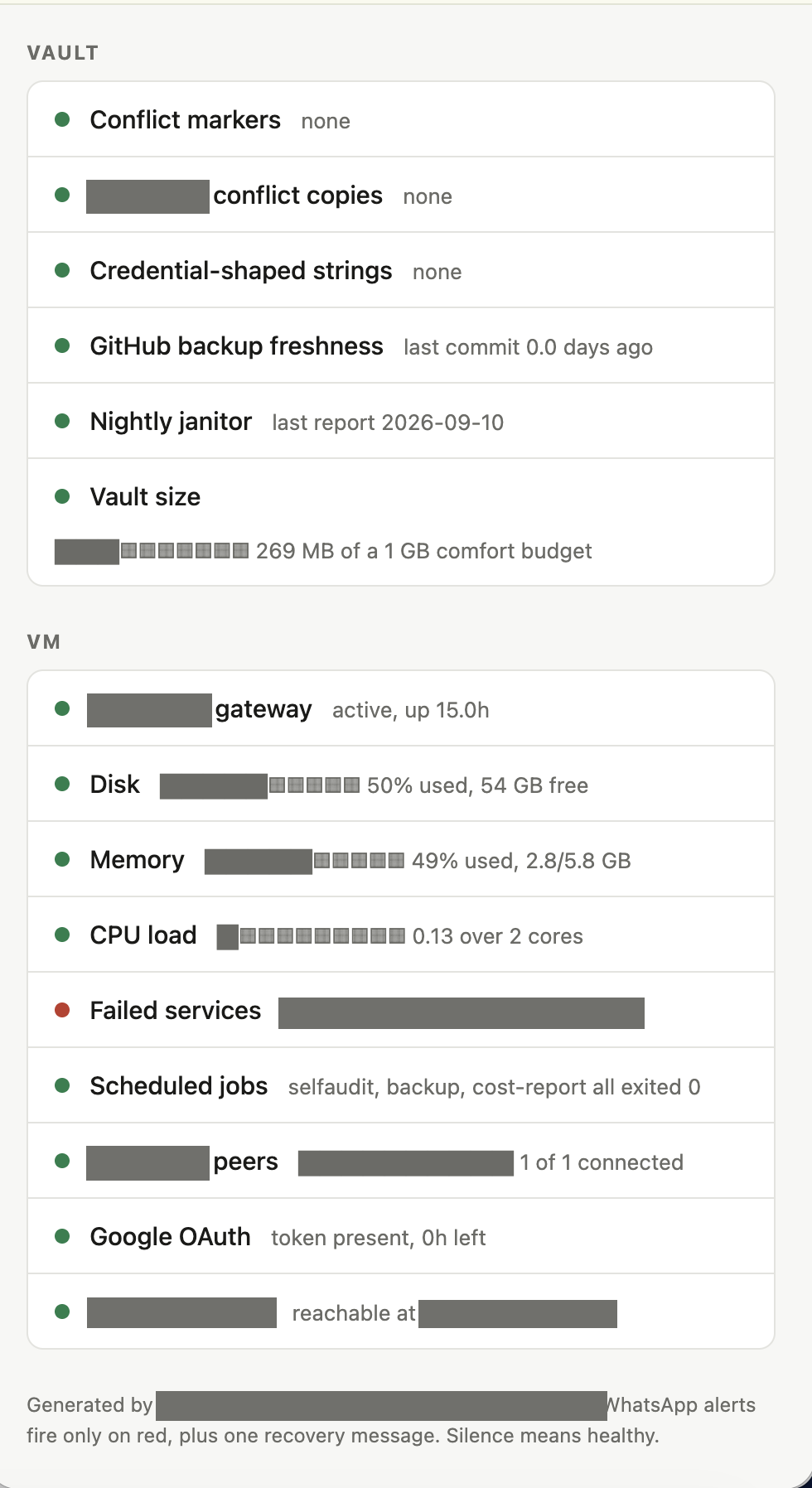 A status dashboard showing green checks for the knowledge base and its machine, plus one failed service in red. Product names, a service name, an address and an internal path are covered by opaque redaction bars.