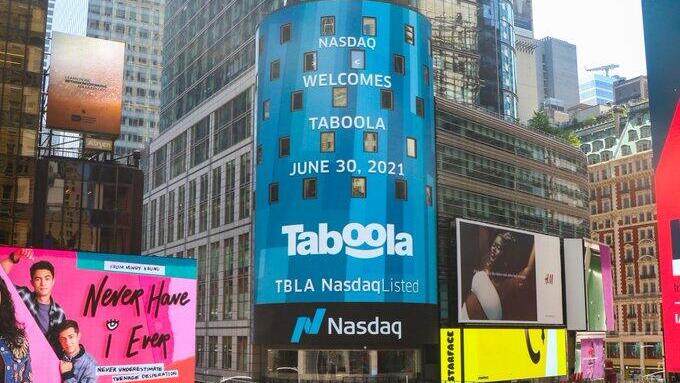 The Nasdaq Tower in Times Square displaying Nasdaq welcomes Taboola, 30 June 2021